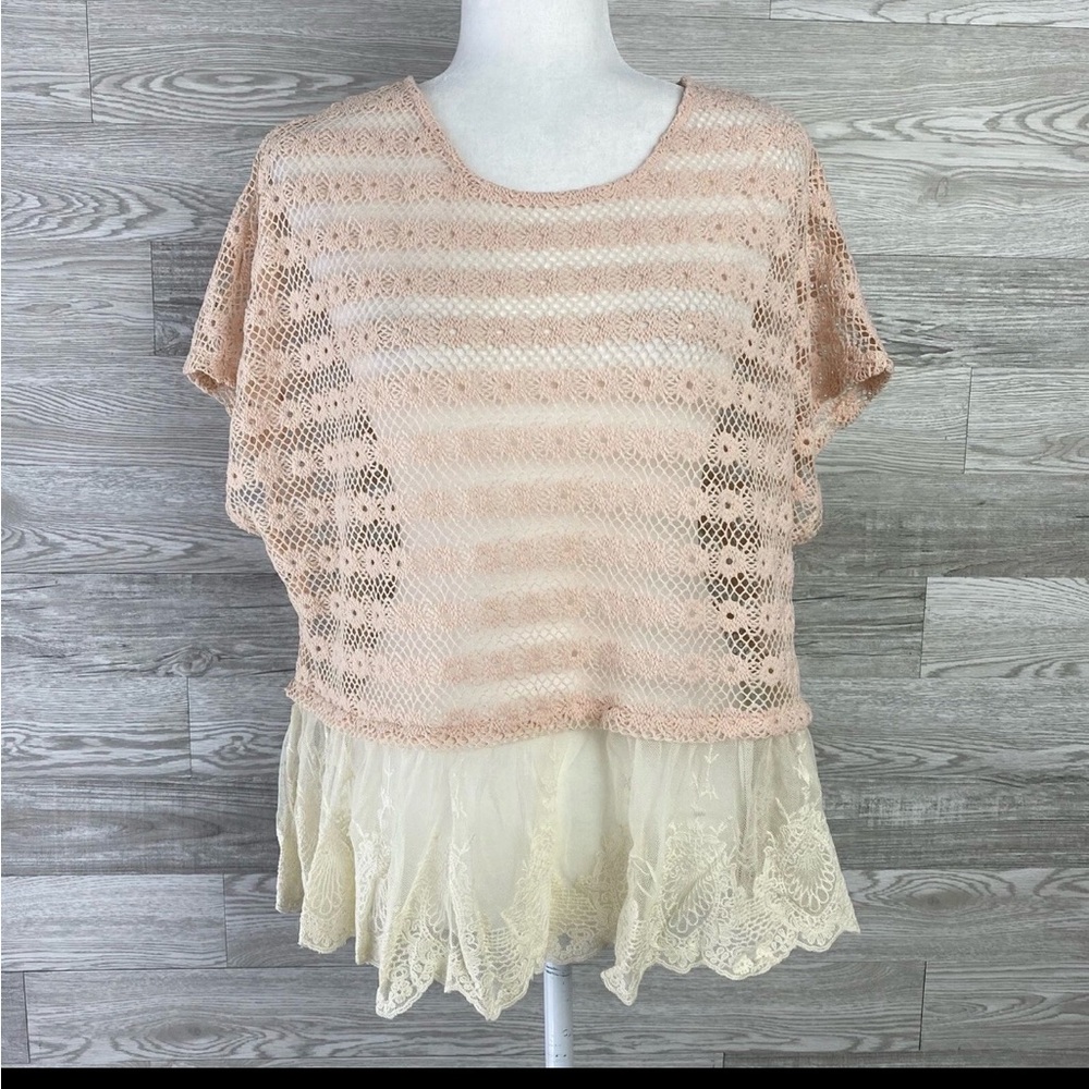 Maronie Crocheted Knit MESH EMBROIDERE TRIM Blouse Poncho Top S